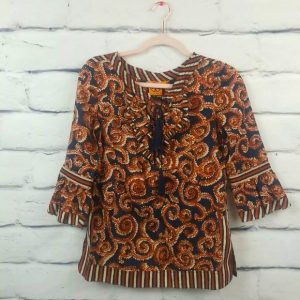Tory Burch Size 2 Top 3/4 Sleeves Boho Brown Cream