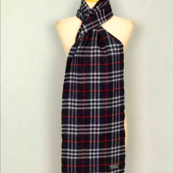 Burberrys Vintage Scarf Navy Check Lambs wool AUTH