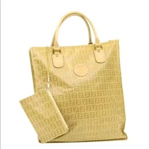 FENDI Zucchino Hand Bag Beige Leather PCV AUTH