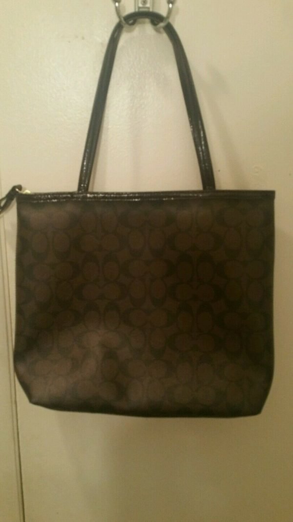 Coach Signature Coated Canvas Brown Mustard Strip Logo Tote Handbag Shoulder - Image 4