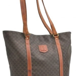 Authentic CELINE Macadam Pattern Shoulder Tote Bag PVC Leather Brown A3604