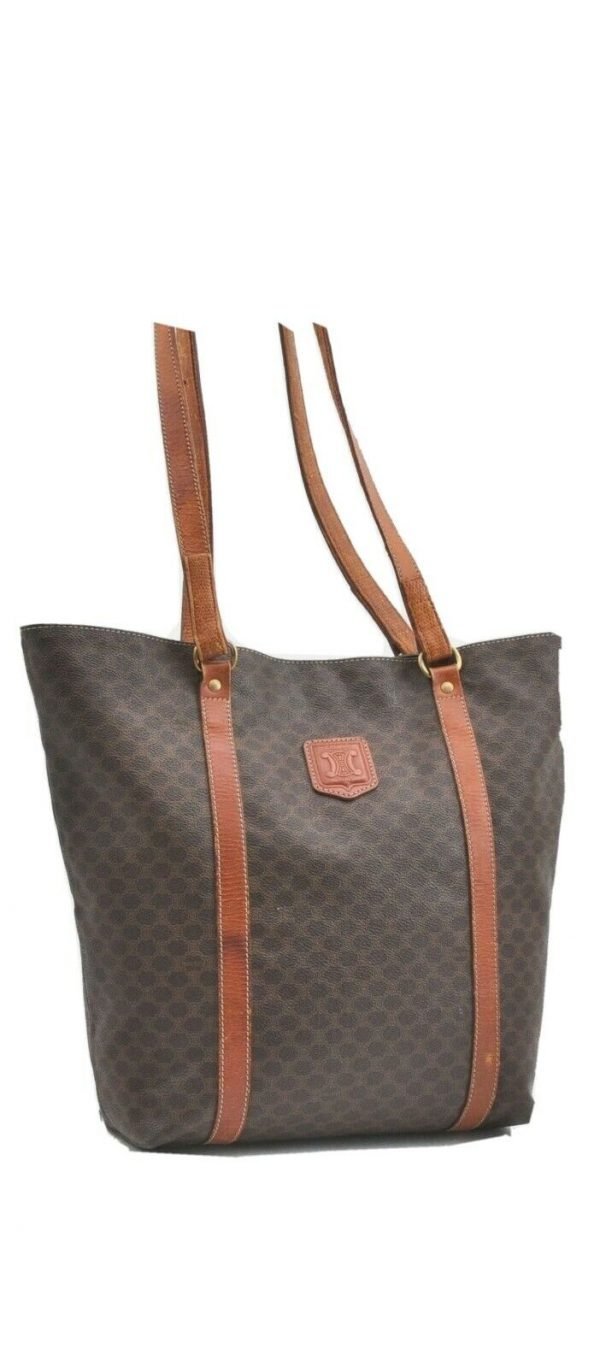 Authentic CELINE Macadam Pattern Shoulder Tote Bag PVC Leather Brown A3604