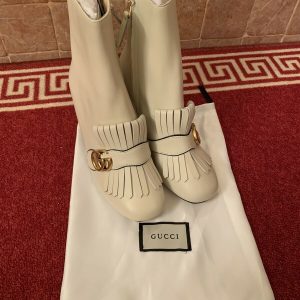 Gucci Women's Marmont Fringe Platform Ankle Boot Size 39 Beige Leather