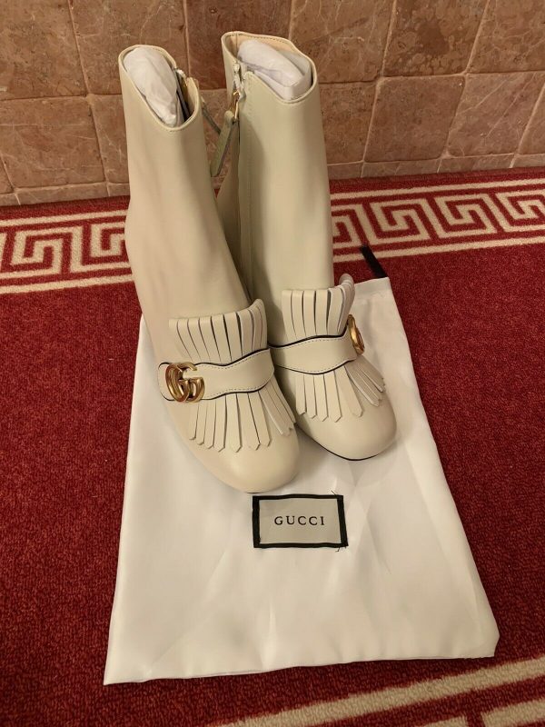 Gucci Women's Marmont Fringe Platform Ankle Boot Size 39 Beige Leather