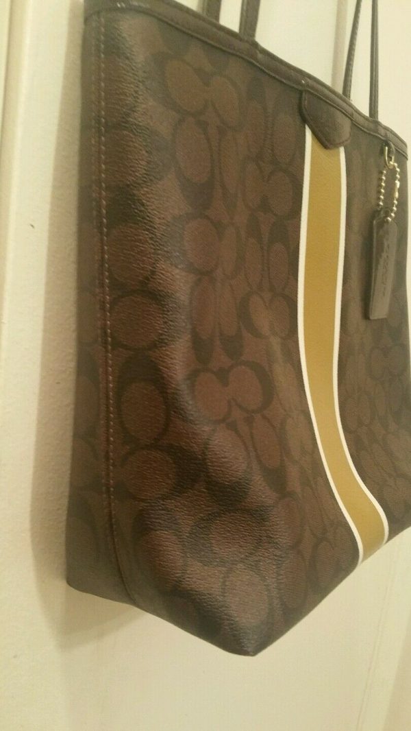 Coach Signature Coated Canvas Brown Mustard Strip Logo Tote Handbag Shoulder - Image 5