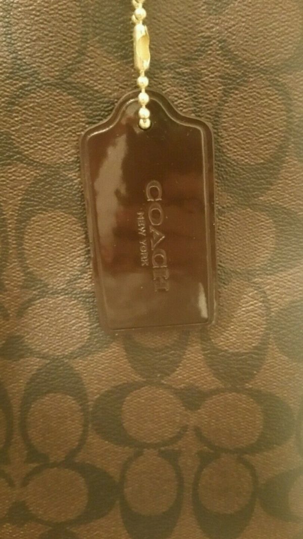 Coach Signature Coated Canvas Brown Mustard Strip Logo Tote Handbag Shoulder - Image 2