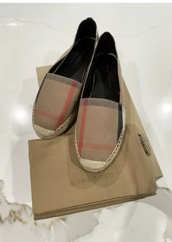 Authentic Burberry Women Leather Trim Canvas Check Espadrilles 40.5