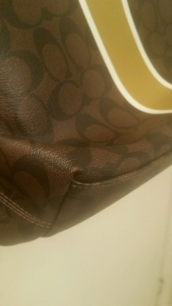 Coach Signature Coated Canvas Brown Mustard Strip Logo Tote Handbag Shoulder - Image 9