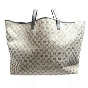 Auth GUCCI GG 257244 Dark Brown Gray Jacquard & Leather Tote Bag XL