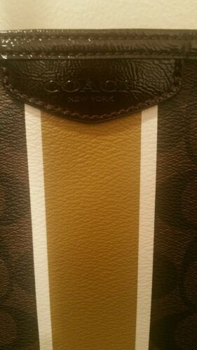 Coach Signature Coated Canvas Brown Mustard Strip Logo Tote Handbag Shoulder - Image 3