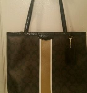 Coach Signature Coated Canvas Brown Mustard Strip Logo Tote Handbag Shoulder