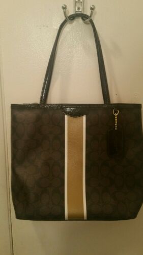 Coach Signature Coated Canvas Brown Mustard Strip Logo Tote Handbag Shoulder